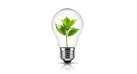Green energy concept light bulb with plant inside on white background