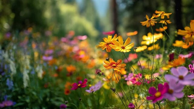 Wildflower pollinator garden with colorful blossoms swaying gently where butterflies rest and feed in natural sunlight.