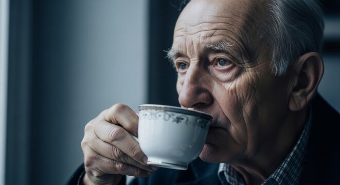 Close-up portrait of a thoughtful senior man sipping a hot beverage from an ornate teacup in low, dramatic light.