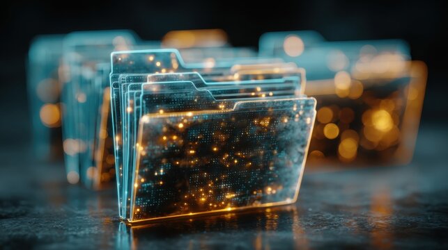 Futuristic holographic interface displays file folders, demonstrating digital document storage and cloud computing database management systems
