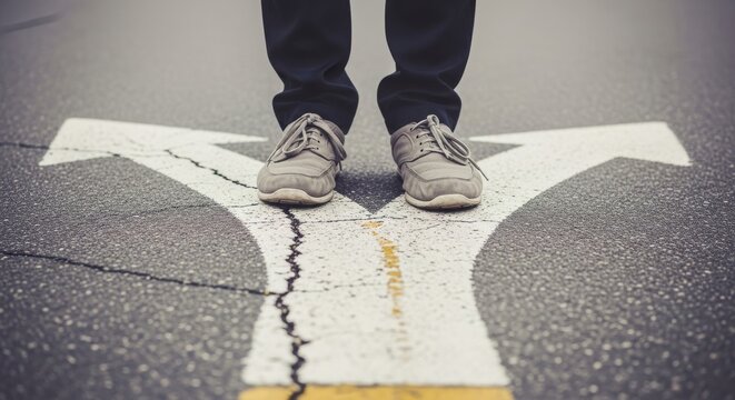 Man stands at a fork in the road, confronted by a split white arrow painted on the cracked asphalt pavement, symbolizing choice and direction. - Powered by Adobe