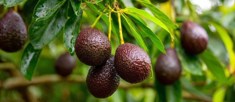 Ripe hass avocados hanging on tree branch, banner