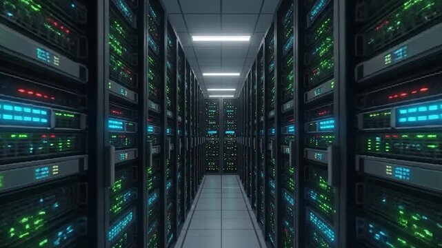 A long data center hallway, rows of servers lit with green and blue lights, going into the distance