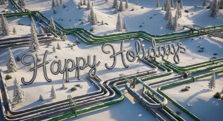 Snowy gas pipelines form greeting in winter scene, celebrating happy holidays on infrastructure.