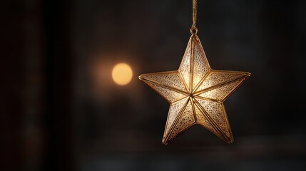 Gold star light hanging on dark background