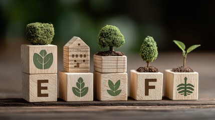 Wooden blocks depict climate finance, green fund, sustainable investment and financial innovation supporting green technology, environmental sustainability, high quality realistic