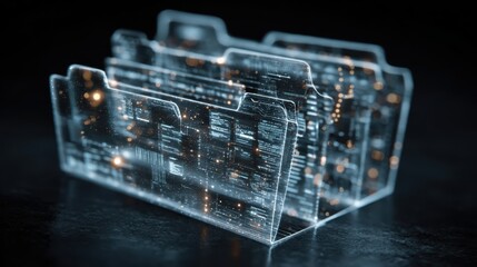 Futuristic holographic interface displays file folders, demonstrating digital document storage and cloud computing database management systems