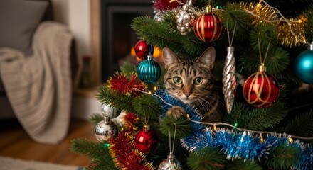 Obraz premium Cute tabby cat peeking out from a decorated christmas tree adorned with colorful ornaments and bright tinsel in a cozy home setting.