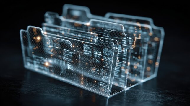 Futuristic holographic interface displays file folders, demonstrating digital document storage and cloud computing database management systems
