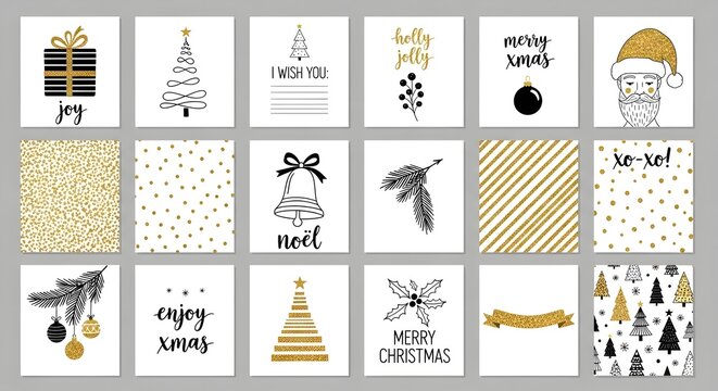 Black and gold christmas cards and patterns with festive elements, holiday greetings, and decorative designs, isolated on white