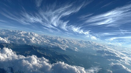 View from above, a winter white stratosphere on a bright day, high above the clouds with a clear blue sky over the horizon