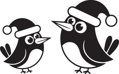 Robin with Santa Claus hats isolatedon white,vector new year elements for christmas design silhouette