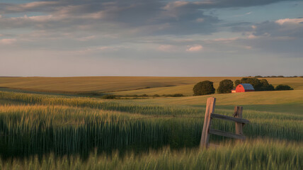 Serene farm landscape at dusk featuring red barn wheat field and rustic wooden fence countryside scene with golden light idyllic rural vista