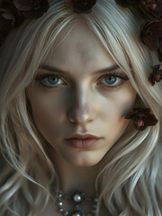 Elegía en Blanco y Púrpura: Un retrato dramáticamente iluminado que explora la belleza siniestra de la estética gótica medieval.