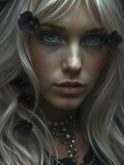 Melancolía Élfica: Una criatura de fantasía oscura con blanco cabello y flores de eléboro, capturada en un momento de serena tristeza.