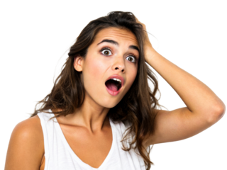 Young woman with wide eyes and open mouth expresses shock or surprise touching her hair, useful for expressing sudden realization or strong emotion in media projects.