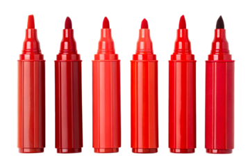 Collection of vibrant red markers arranged in a row, perfect for art projects, creative work, and school supplies, showcasing a spectrum of red hues for diverse applications.