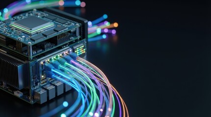 Circuit board with colorful fiber optic cables connected. Data server processing information, modern network and communication technology concept for data center.