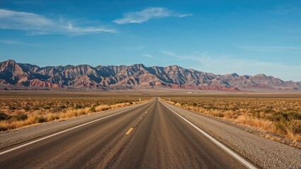 Desert road leading towards mountains under blue sky.