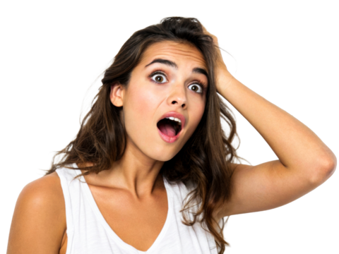 Young woman with wide eyes and open mouth expresses shock or surprise touching her hair, useful for expressing sudden realization or strong emotion in media projects.