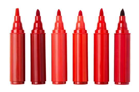 Collection of vibrant red markers arranged in a row, perfect for art projects, creative work, and school supplies, showcasing a spectrum of red hues for diverse applications.
