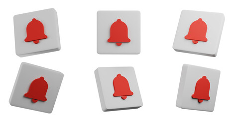 Notification Alert Icons Red Bell Symbol 3D Render Illustration Social Media Reminder White on transparent background