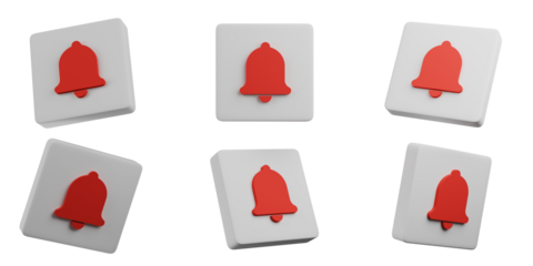 Notification Alert Icons Red Bell Symbol 3D Render Illustration Social Media Reminder White on transparent background