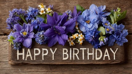 Happy birthday greeting card featuring assortment of tulips, orchids, and hyacinths laying on wooden table