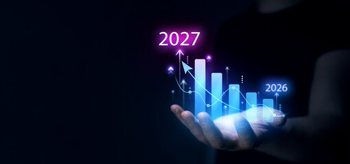 Growth and development chart of company in new year 2027.Development to success and motivation in 2027. Planning,opportunity, challenge and business strategy in new year 2027.	
