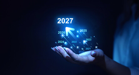 Growth and development chart of company in new year 2027.Development to success and motivation in 2027. Planning,opportunity, challenge and business strategy in new year 2027.	

