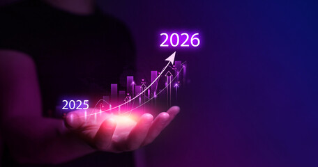 Growth graph a year 2026 of business and data analysis. Development to success in year 2026.	
