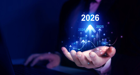 Growth and development chart of company in new year 2026.Development to success and motivation in 2026. Planning,opportunity, challenge and business strategy in new year 2026.	
