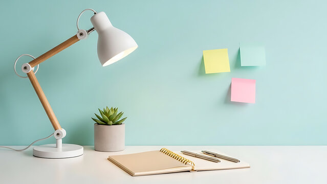 Modern organized workspace with an illuminated desk lamp, potted succulent, open notebook, pens, and vibrant sticky notes on a pastel blue-green wall, perfect for productivity, study, work, or creativ