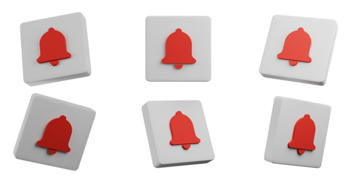 Notification Alert Icons Red Bell Symbol 3D Render Illustration Social Media Reminder White on transparent background