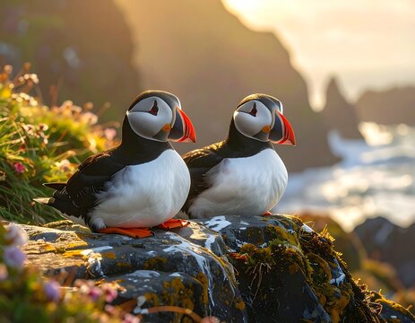 Two Atlantic puffins sit perched on a mossy rock, bathed in golden sunlight overlooking the ocean. Green foliage and small flowers surround the birds - Powered by Adobe
