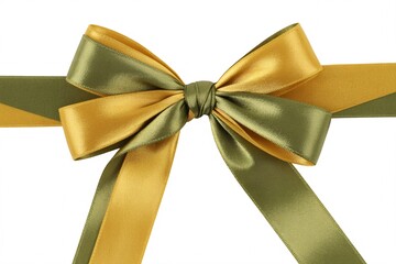 Close-Up Satin Ribbon Bow in Gold and Olive Green on White Background