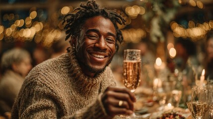 Handsome young black man toasting with champagne at a Christmas dinner surrounded by family and friends celebrating winter holiday