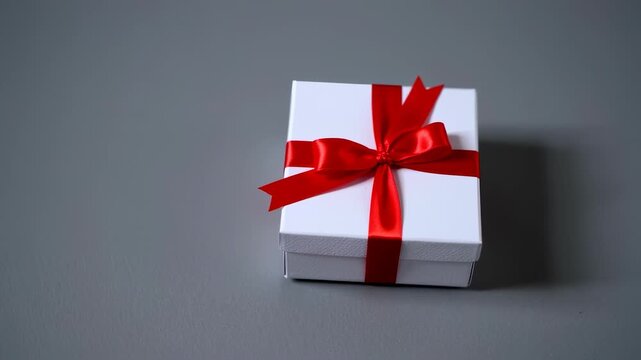 A pristine white gift box adorned with a vivid red satin ribbon and bow, resting on a gray surface