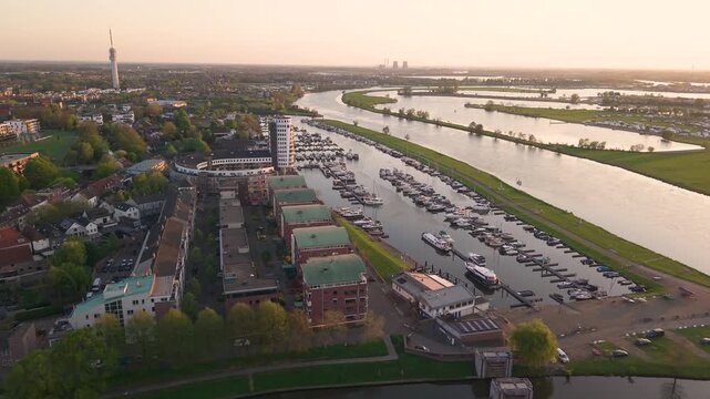 Aerial view of Roermond, River Meuse and Marina with pleasure yachts on a sunny summer afternoon