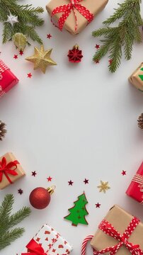 vista cenital (flat lay) de una composici&oacute;n navide&ntilde;a sobre un fondo blanco. Muestra una variedad de regalos envueltos en rojo, verde, dorado y blanco, esparcidos junto a ramas de abeto, luces LED