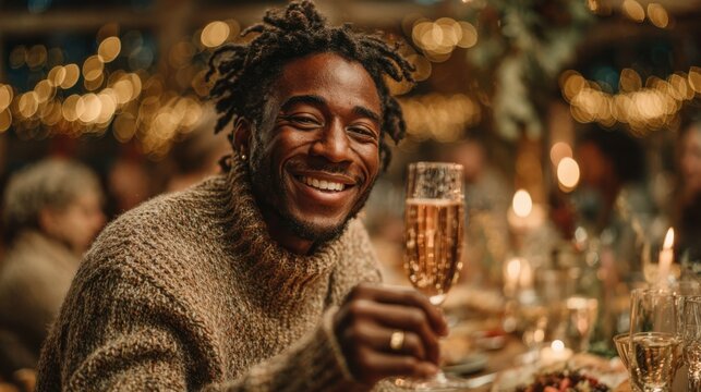 Handsome young black man toasting with champagne at a Christmas dinner surrounded by family and friends celebrating winter holiday