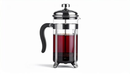 Elegant French press coffee maker with rich brewed coffee on display in a modern kitchen setting