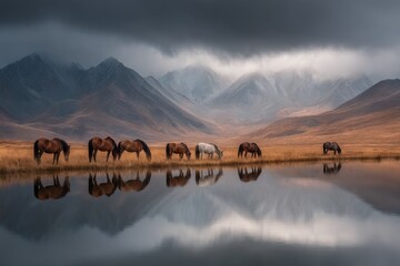 Herd of Horses Grazing by a Mountain Lake Under a Dramatic Sky With Reflections Generative AI