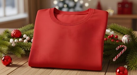 Red tshirt mockup with no labels, christmas decoration background