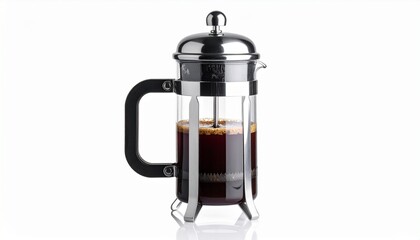 French press brewing coffee with a shiny stainless steel design and rich dark liquid ready to be poured