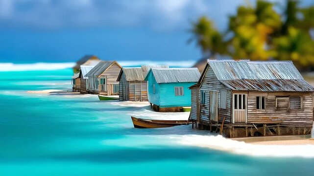 Sea level rise submerging island nations, villagers relocating from flooded homes, climate refugees story, turquoise waters encroaching land, poignant environmental narrative, phot