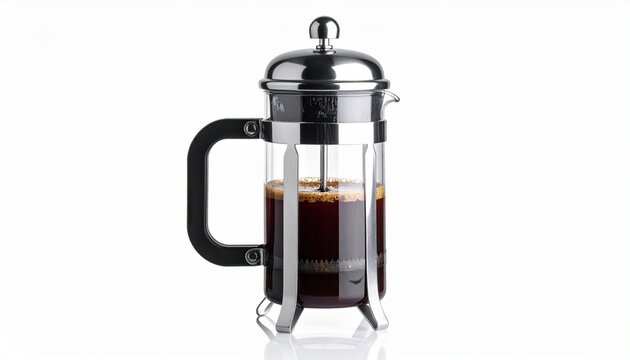 French press brewing coffee with a shiny stainless steel design and rich dark liquid ready to be poured