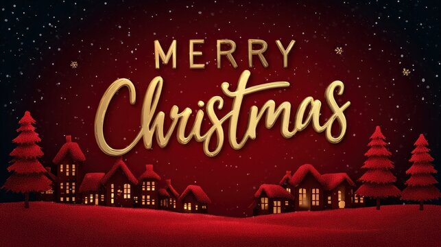 Gold text greeting on red background with snowy landscape, glowing lights, and stars - Powered by Adobe