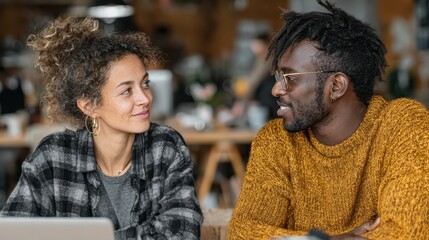 Happy african businesswoman and hispanic businessman collaborate in office using laptop to share marketing project ideas during daytime