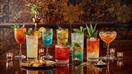 A variety of colorful cocktails on a bar counter with candles and snacks, set against a decorated background.